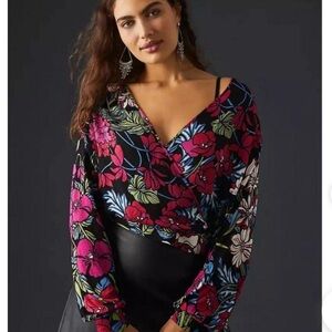 NEW Anthropologie Tiny Blouse Black Red Finley Floral Faux Wrap Top